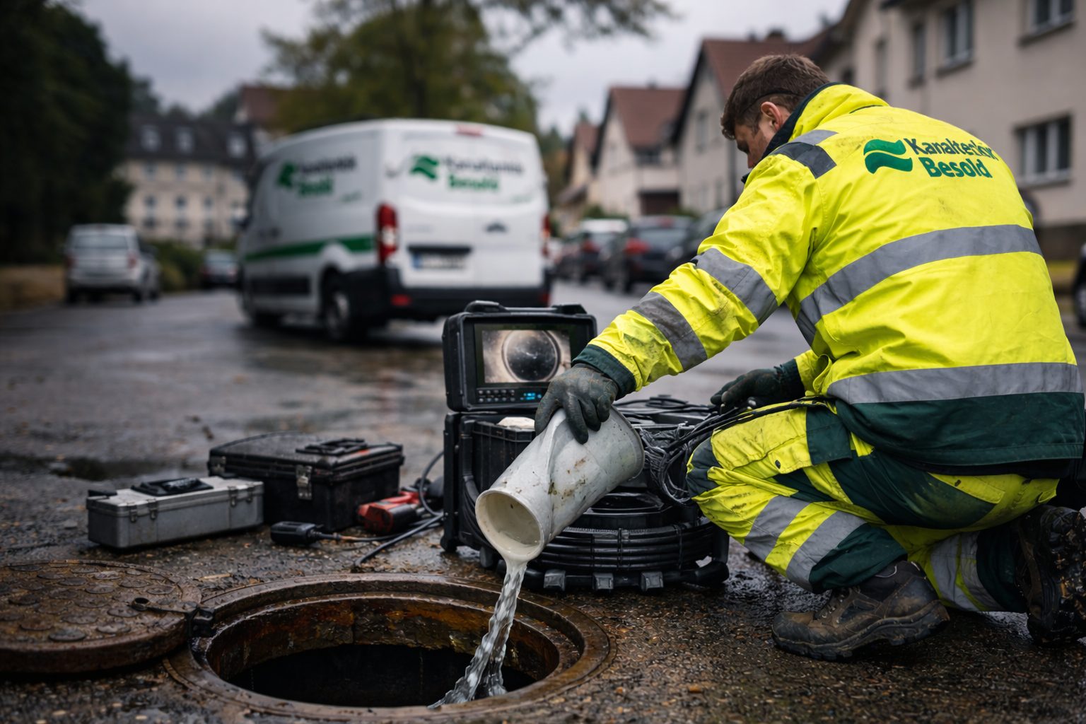 Kanalreinigung Fürth – Techniker reinigt Abwasserrohr mit Hochdruckschlauch und TV-Inspektion