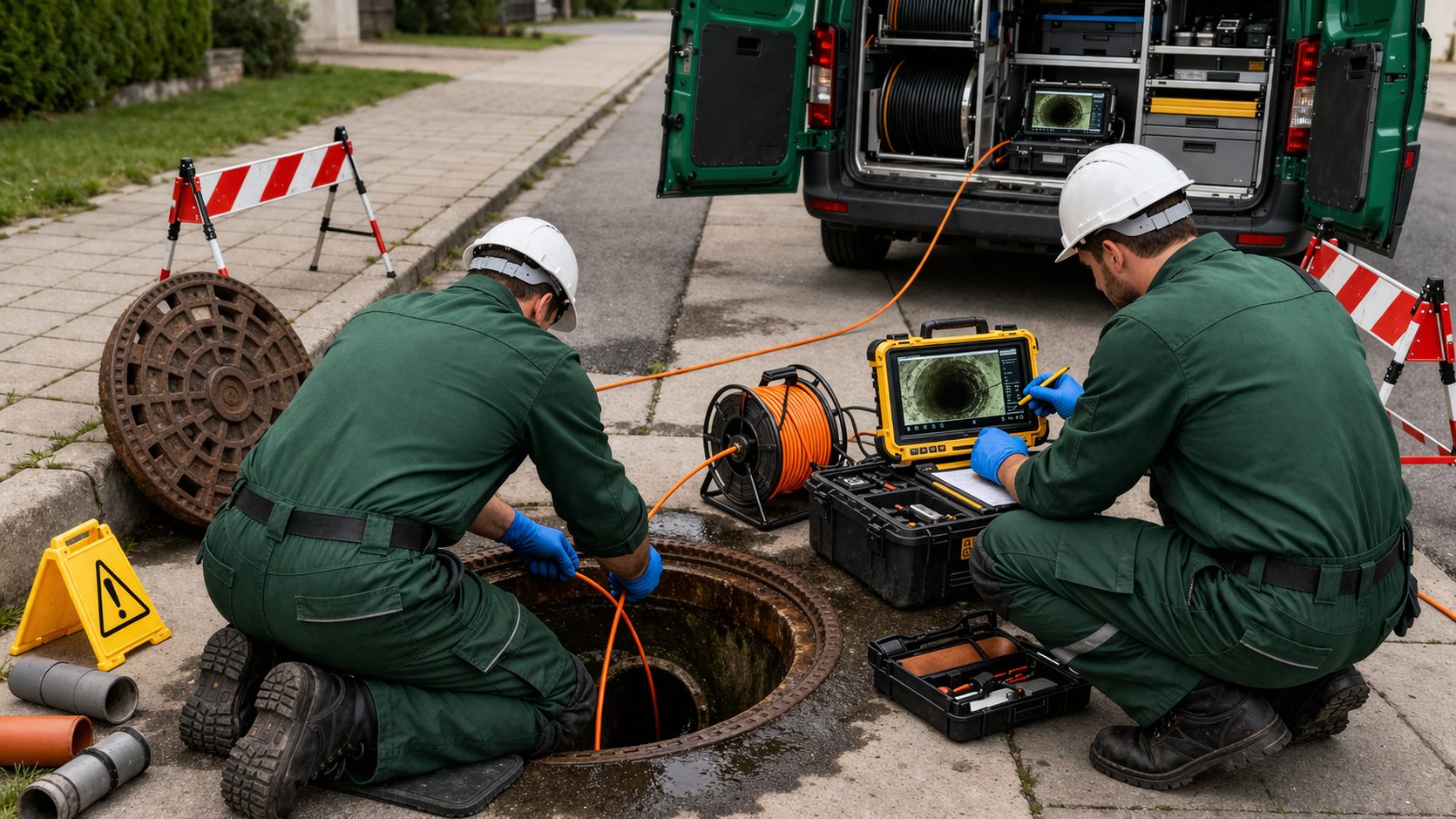 Kanaltechnik Besold Techniker bei TV-Inspektion und Kanalsanierung in Erlangen – Kamerabefahrung und professionelle Schadensanalyse vor Ort