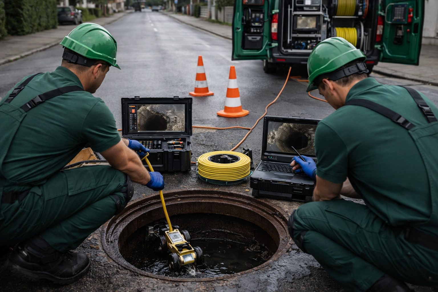 Kanaltechnik Besold Techniker bei TV-Inspektion und Kanalsanierung in Erlangen – professionelle Kamerabefahrung und grabenlose Sanierung