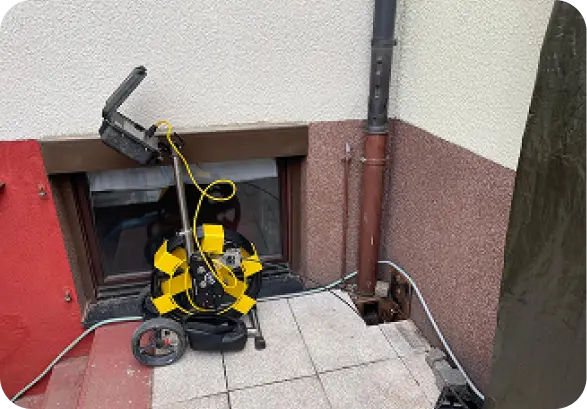 Rohrreinigung mit Spirale Maschine vor Kellerfenster durch Fachbetrieb