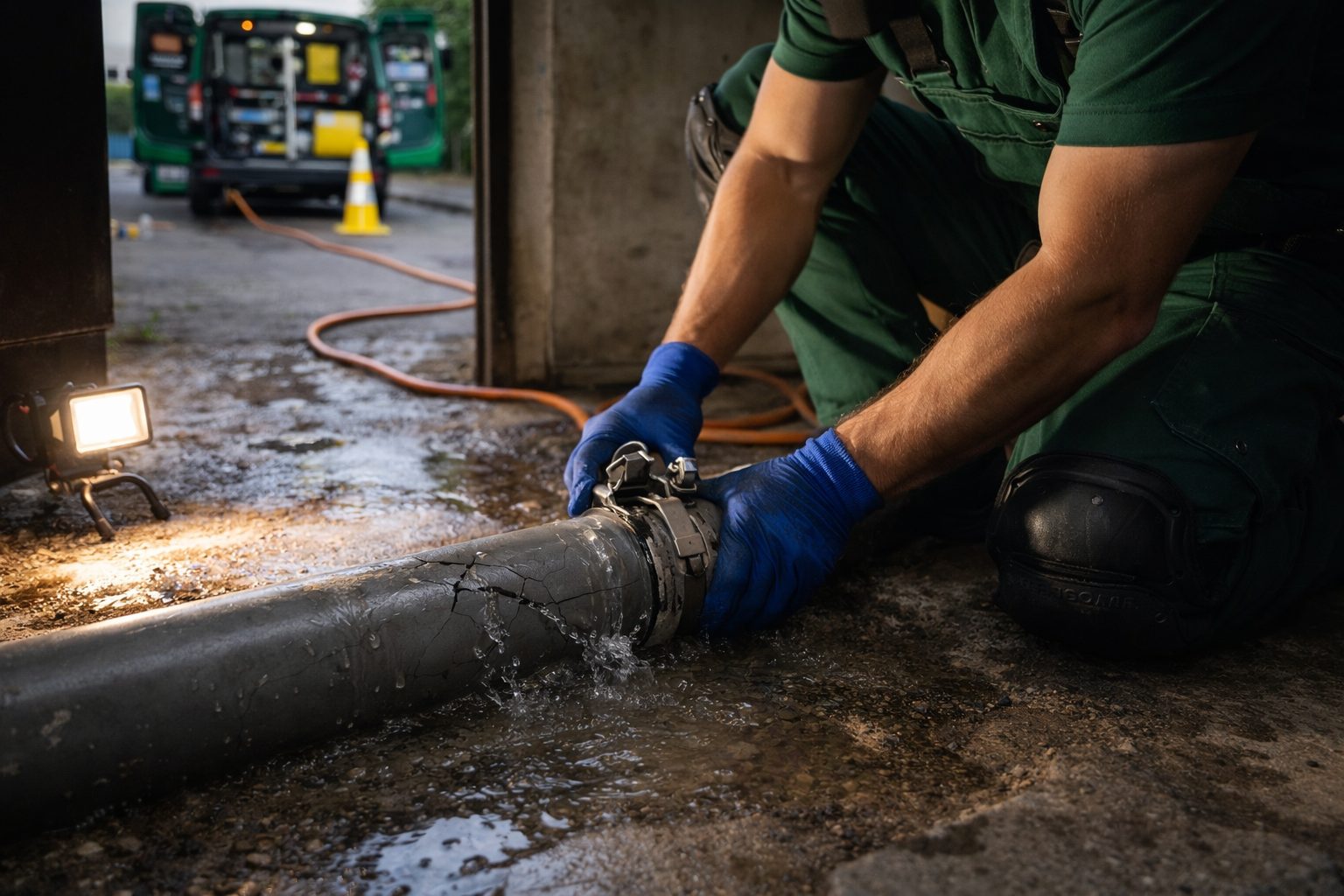 Kanaltechnik Besold Techniker bei Sofortmassnahme nach Rohrbruch in Nürnberg – schnelle Hilfe und Abdichtung vor Ort